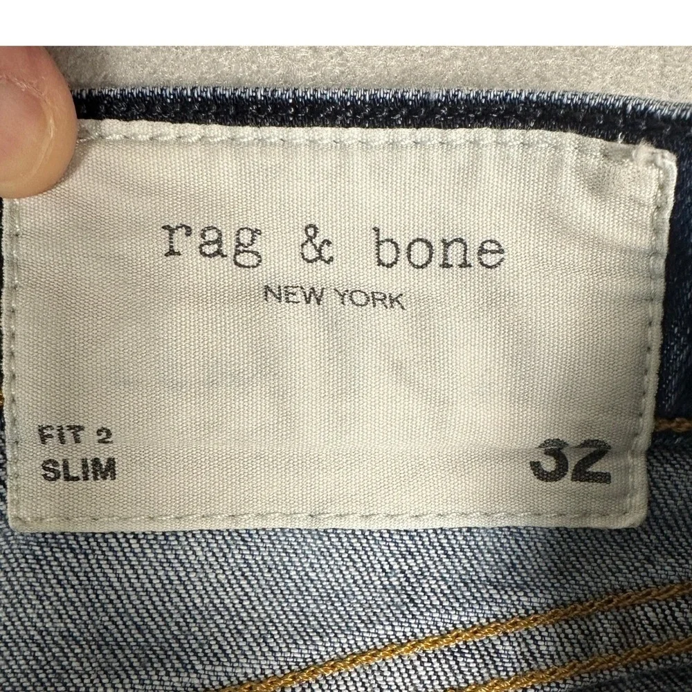 Rag Bone Fit 2 Slim Jeans Mens 32 Blue Tapered Leg Whiskering Button Fly Denim